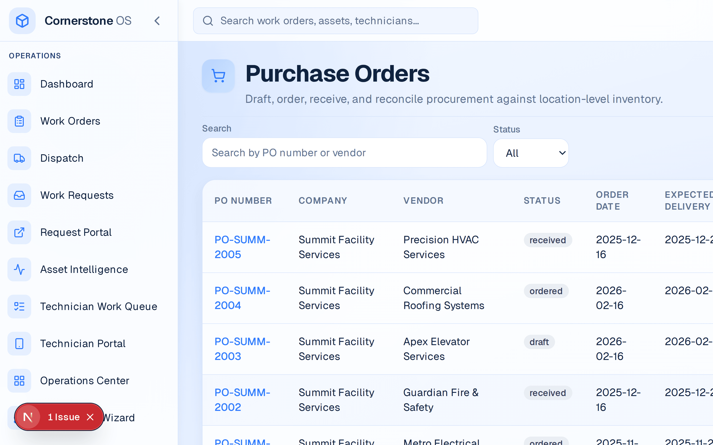Cornerstone OS purchase order management